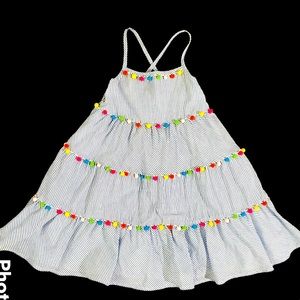 Tommy Bahama striped blue and white pom pom layered skirt dress.